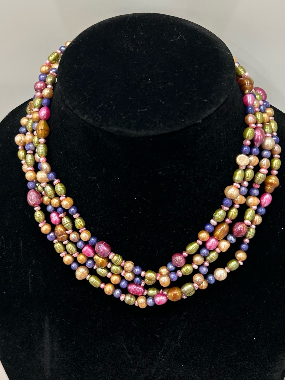Infinity Iridescent genuine Bead Necklace - Pink, Green & Purple